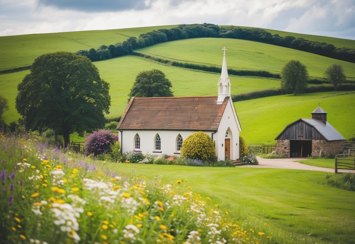 A quaint countryside chapel surrounded by rolling green hills and blooming wildflowers, with a rustic barn nearby for a budget-friendly wedding in the UK