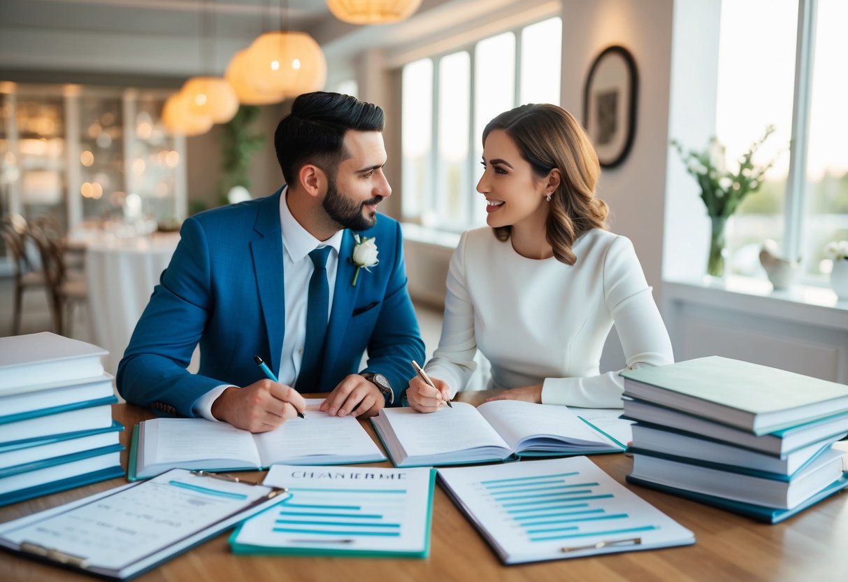 A couple sits at a table surrounded by wedding planning books and budget spreadsheets, discussing potential venues and cost-saving strategies
