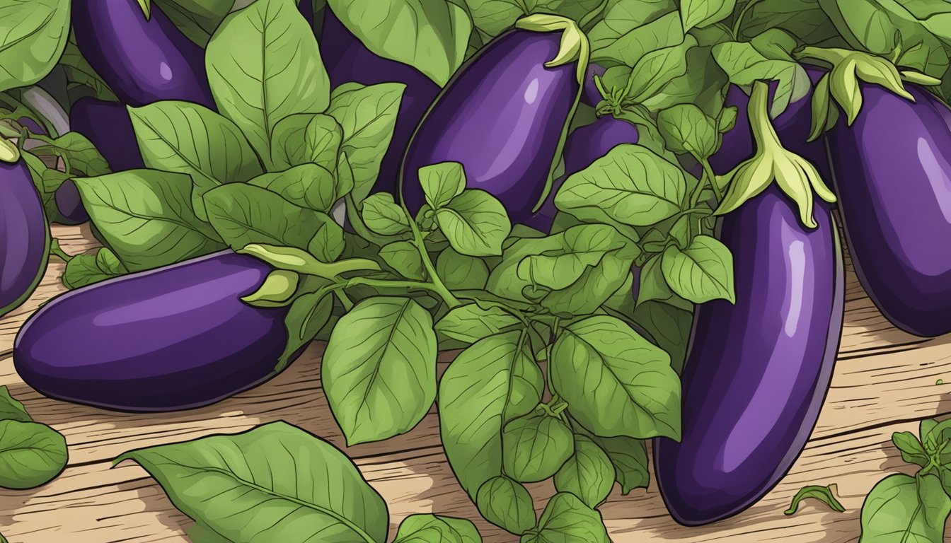 A pile of unripe eggplants surrounded by Nightshade Family plants, with a warning sign about Solanine toxicity