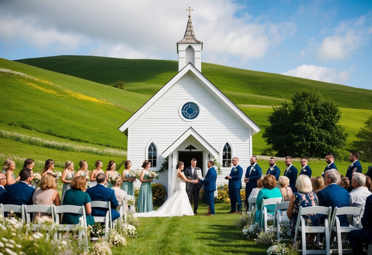 A quaint countryside chapel with rolling green hills and blooming wildflowers, surrounded by family and friends celebrating a joyful wedding ceremony