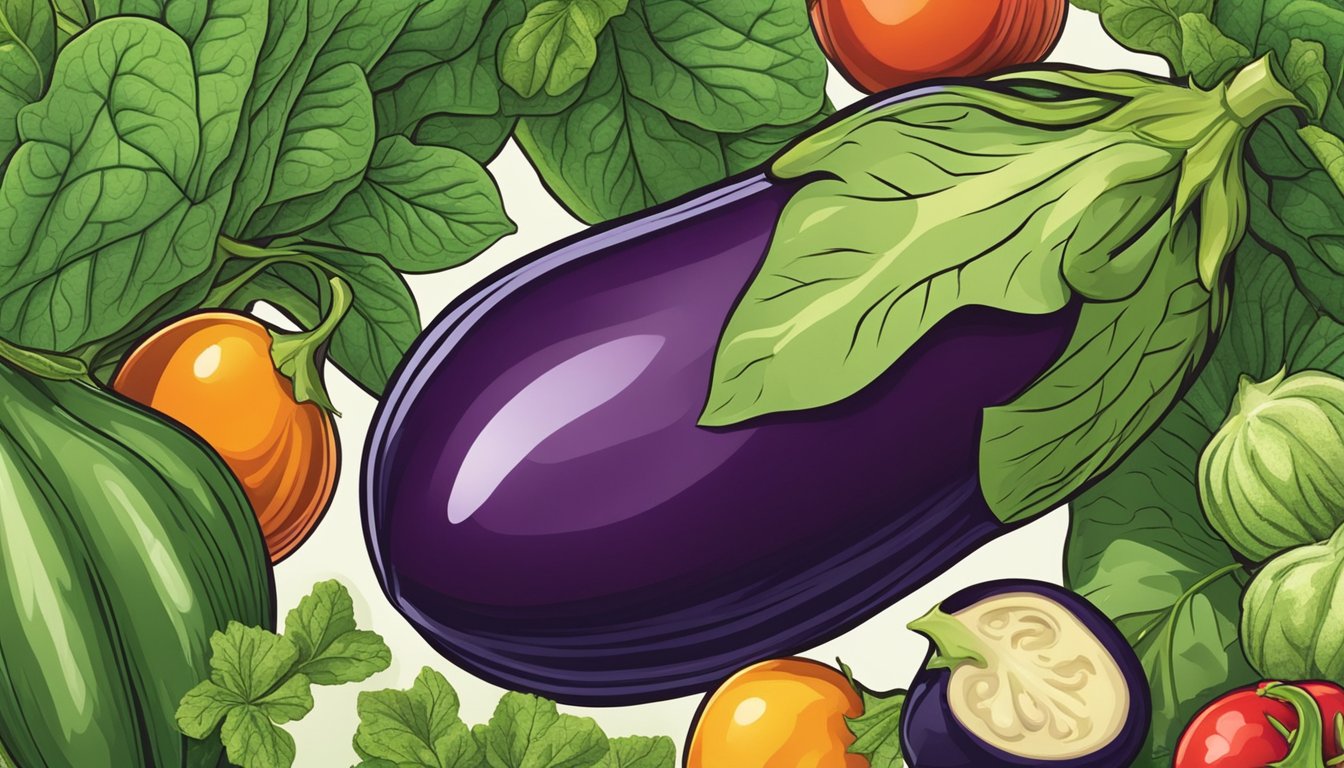 An unripe eggplant with a green stem and smooth, shiny skin, surrounded by other vegetables in a kitchen garden