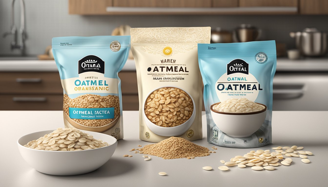 A variety of oatmeal packets, some with expiration dates, sit on a kitchen counter next to a bowl of cooked oatmeal