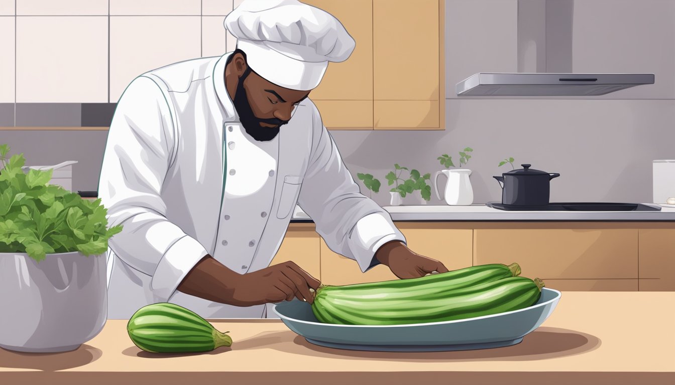 An unripe eggplant being sliced open to reveal its firm, white interior, with a concerned cook inspecting it for safety