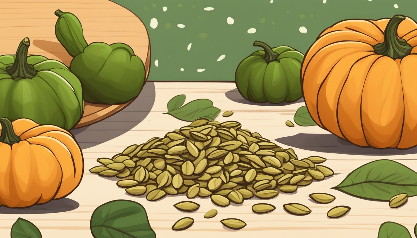 A pile of raw pumpkin seeds scattered on a wooden cutting board, surrounded by a few whole pumpkins and a scattering of green leaves