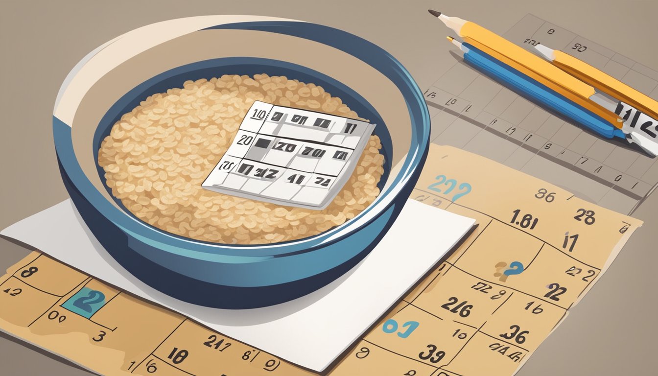 A bowl of expired instant oatmeal with a question mark above it, surrounded by a calendar showing the expiration date