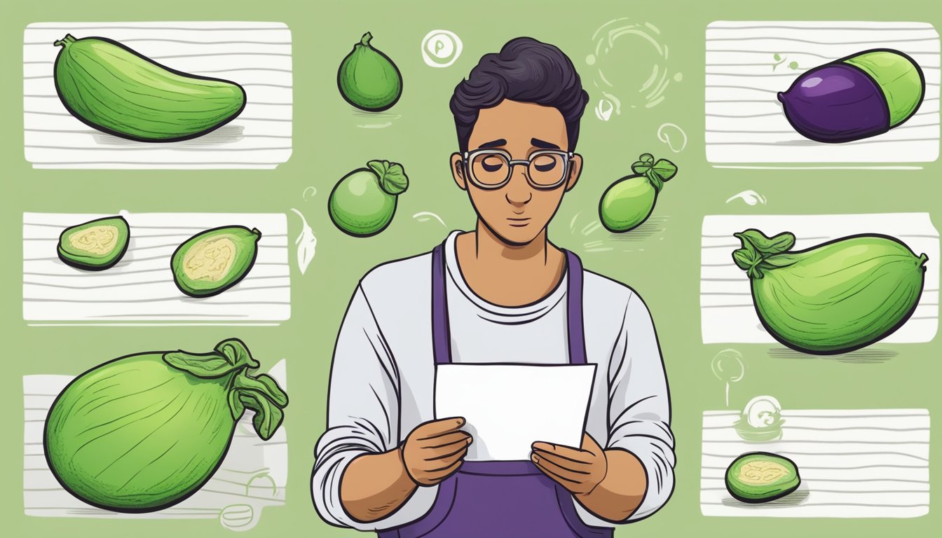 A person holding an unripe eggplant, with a worried expression while looking at a list of common allergic reactions