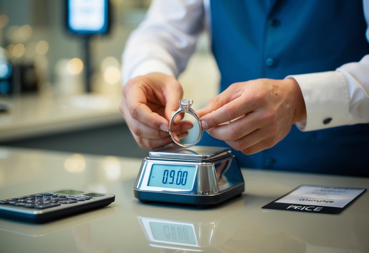 A jeweler weighing a wedding ring and calculating its cost with a price tag display in the background