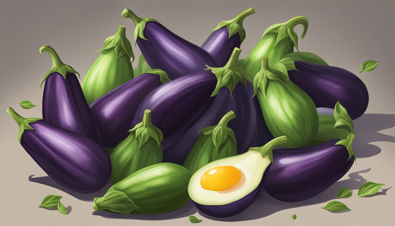 A pile of unripe eggplants next to a caution sign