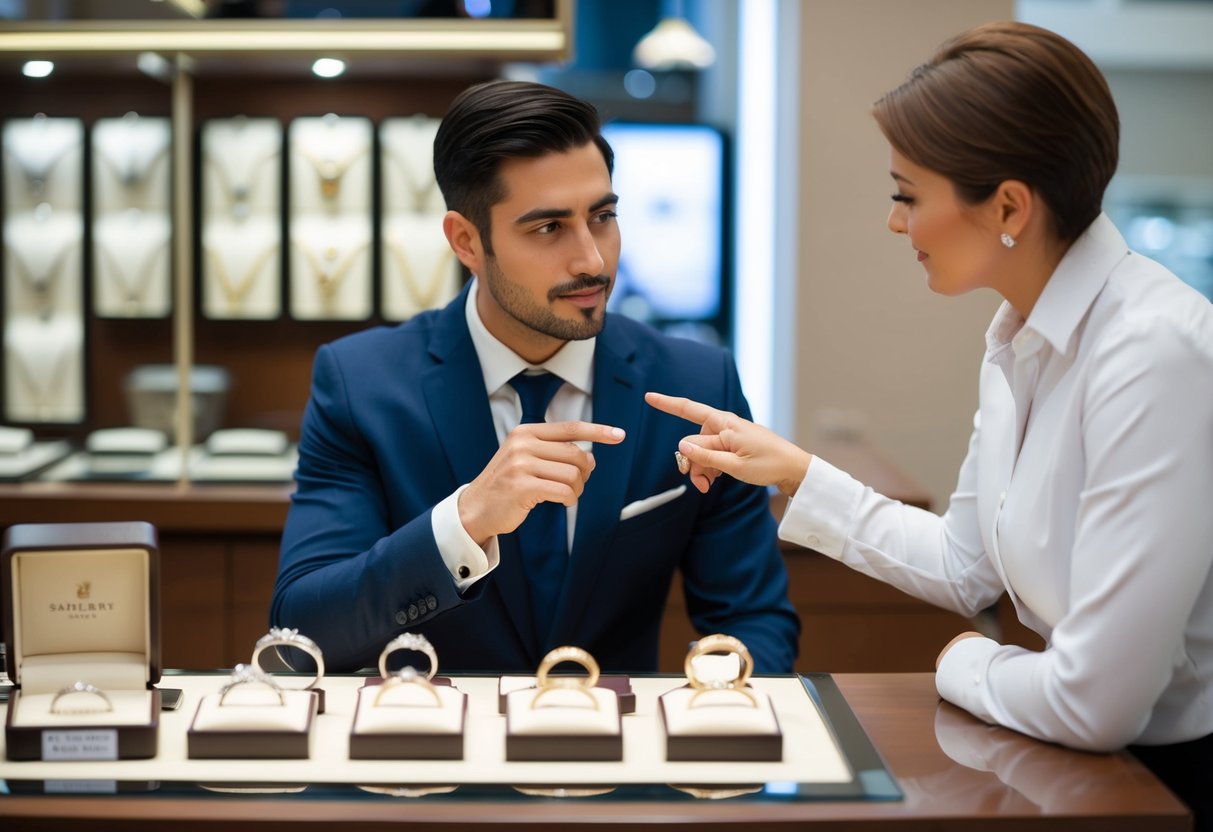 A man sits at a jewelry store counter, examining a display of wedding bands. The salesperson gestures towards the various options available