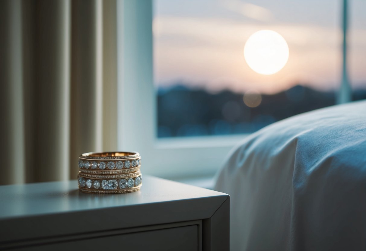 A wedding band sits on a nightstand next to a bed, bathed in the soft glow of moonlight filtering through the window