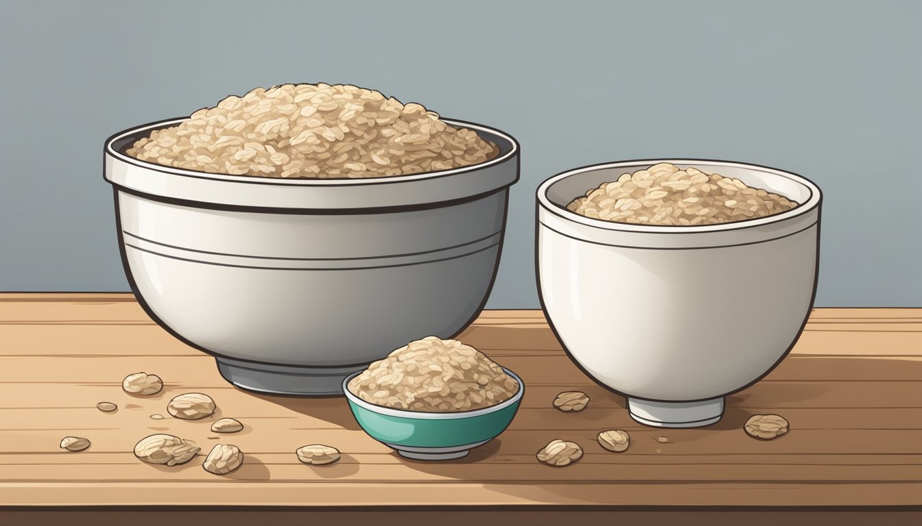 A bowl of fresh, steaming oatmeal sits next to a bowl of expired, moldy oatmeal. The fresh oatmeal is vibrant and inviting, while the expired oatmeal is dull and unappetizing