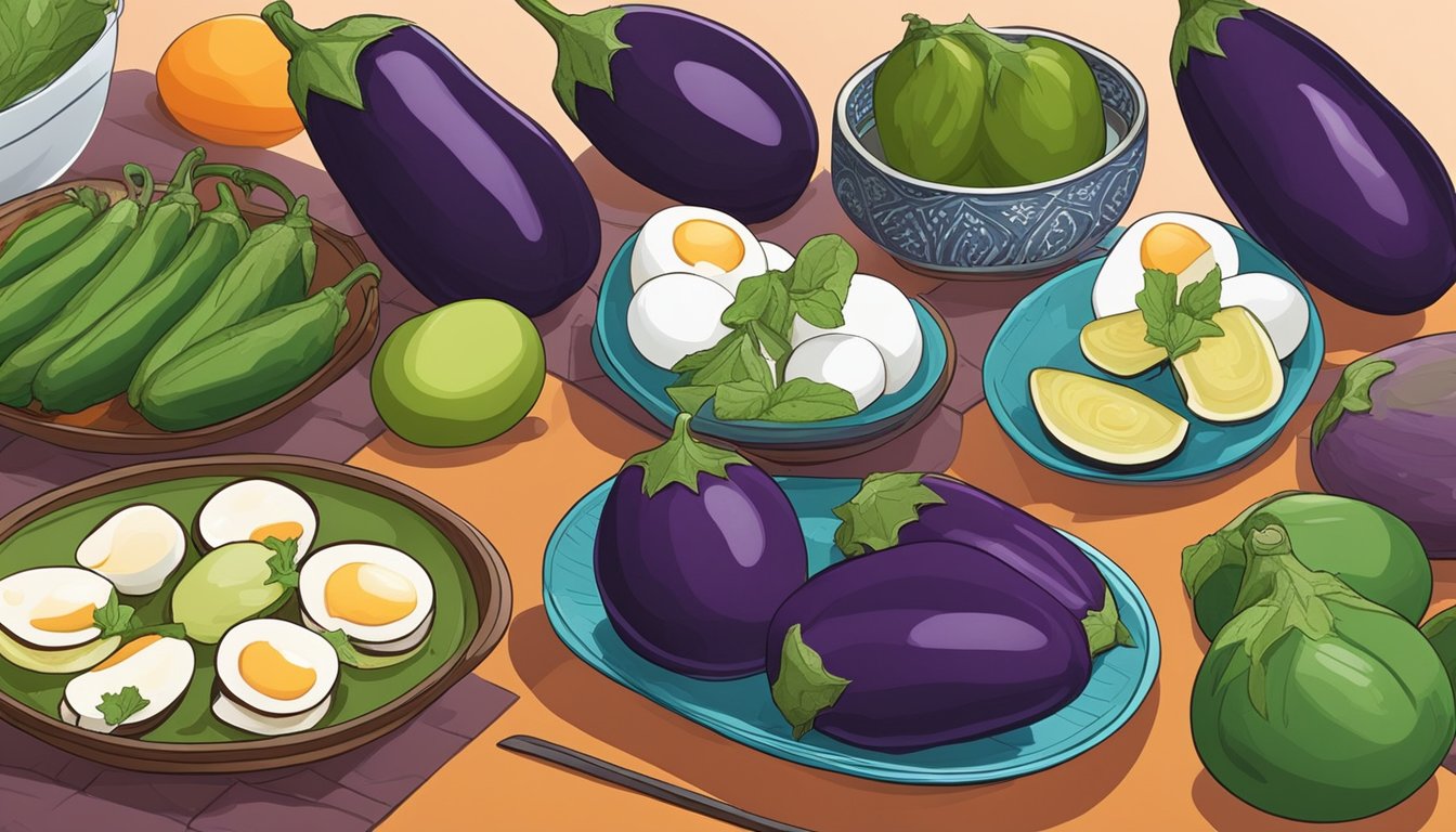 A variety of eggplants, including unripe ones, displayed on a colorful table with cultural cuisine dishes in the background