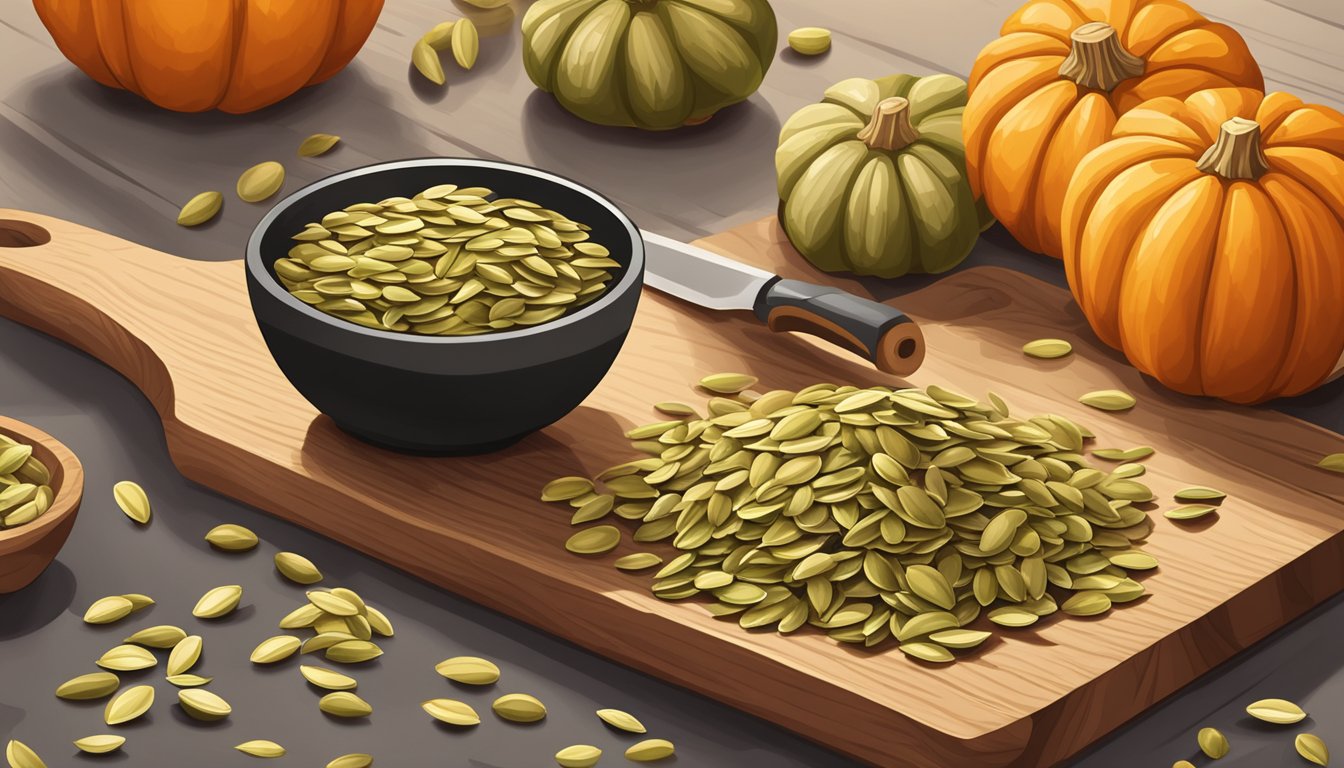 A pile of raw pumpkin seeds scattered on a wooden cutting board, with a knife and a small bowl beside them