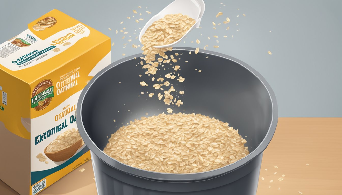 A bowl of expired instant oatmeal being thrown into a trash can, with a new box of oatmeal sitting unopened on the counter