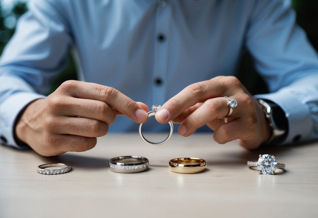 A man comparing different wedding bands, with an engagement ring displayed nearby for reference