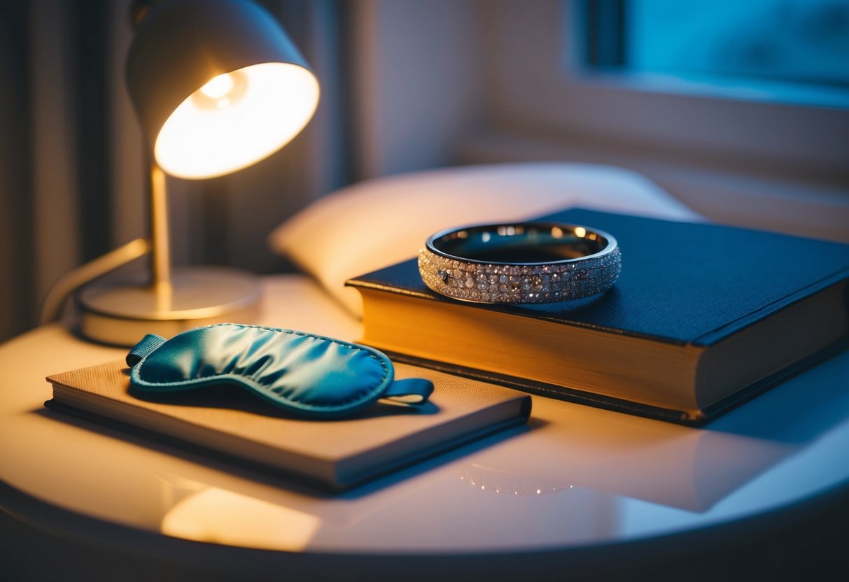 A wedding band rests on a bedside table next to a sleeping mask and a book, illuminated by the soft glow of a bedside lamp