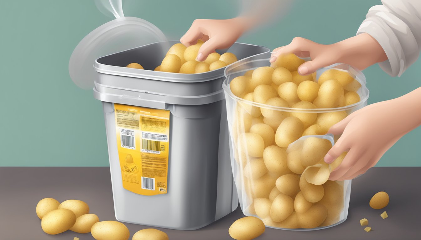 A person pouring expired instant potatoes into the trash can, with a clear expiration date on the packaging