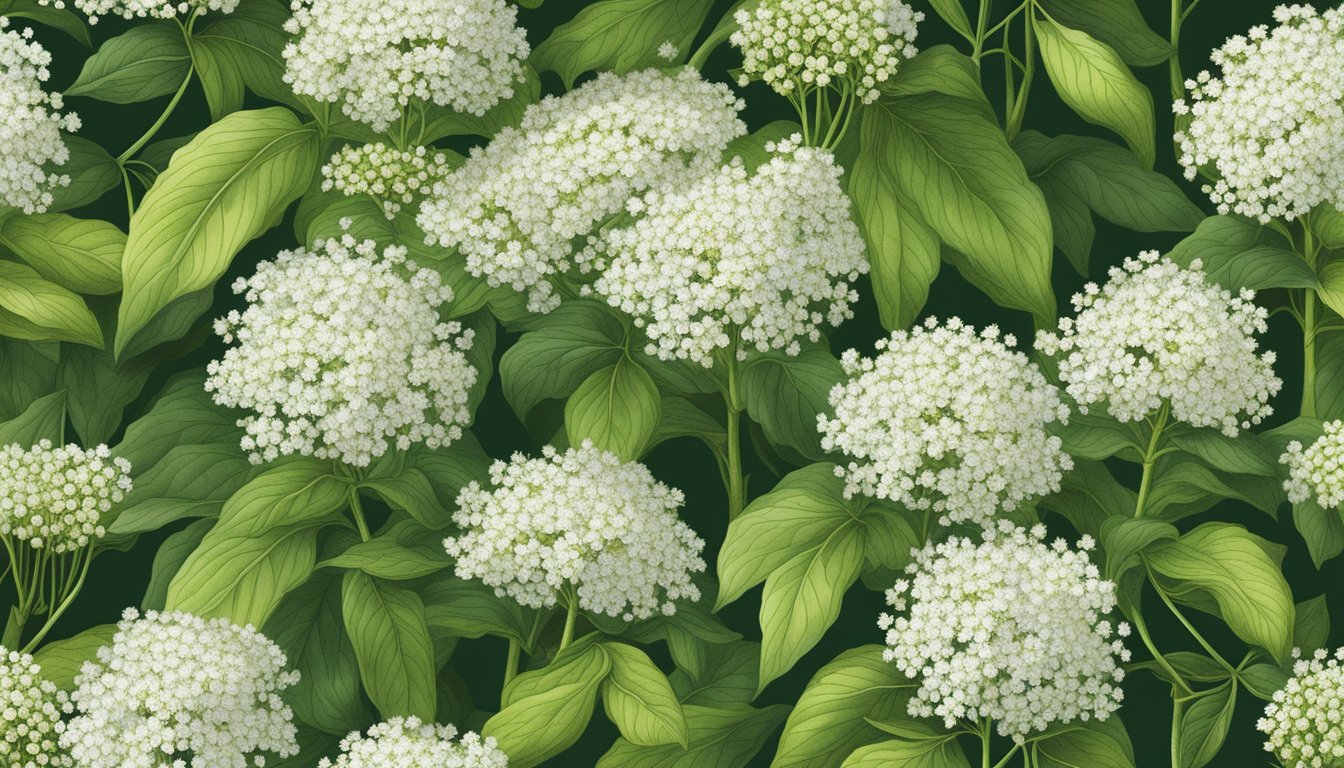 A botanical illustration of elderflower with detailed, lifelike depictions of the plant's leaves, stems, and delicate white blossoms