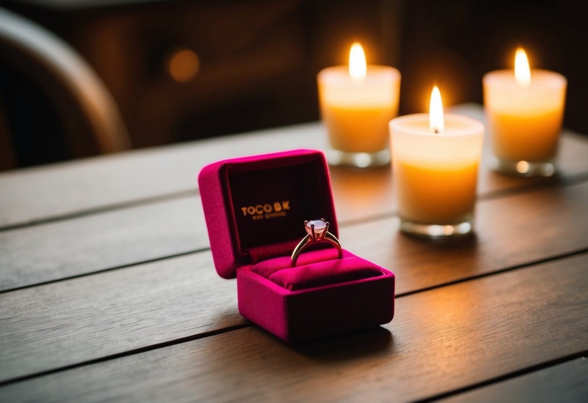 A small velvet box sits on a wooden table, bathed in soft candlelight. The ring inside glimmers in the warm glow, waiting to be discovered