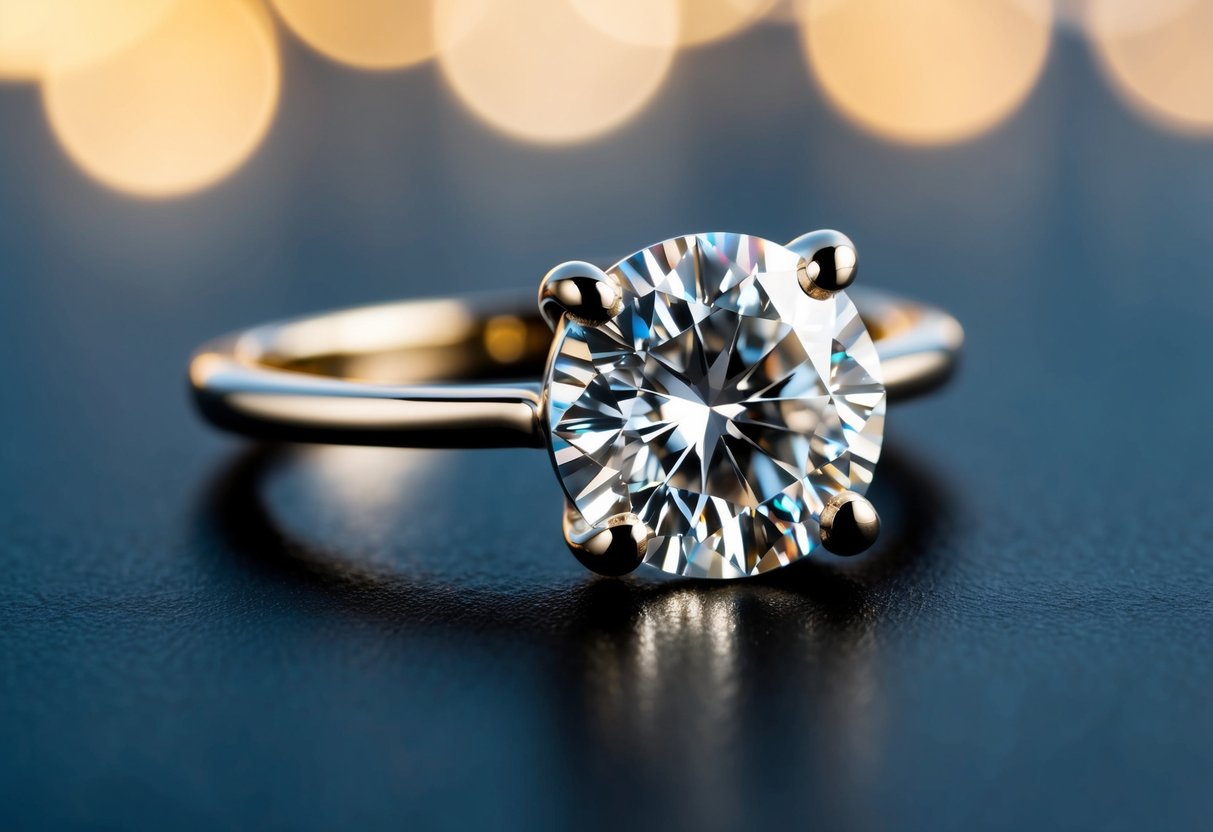 A wedding ring with a thin band and a large, fake-looking diamond. The metal appears dull and lacks luster