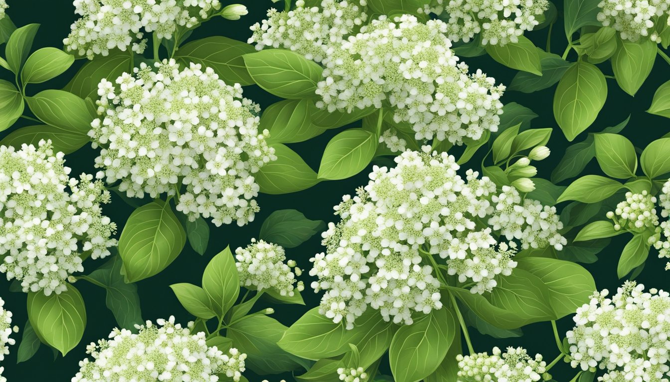 A close-up of elderflower plant surrounded by green leaves, with delicate white blossoms and small, dark berries