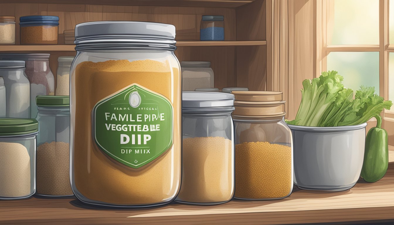 A jar of expired vegetable dip mix sits on a dusty shelf next to other neglected pantry items