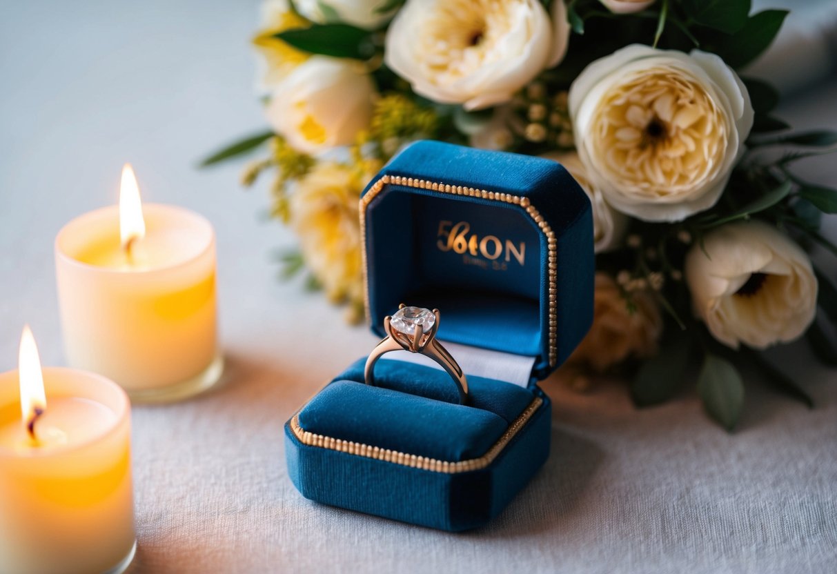 A ring displayed on a velvet cushion, surrounded by soft candlelight and a bouquet of flowers