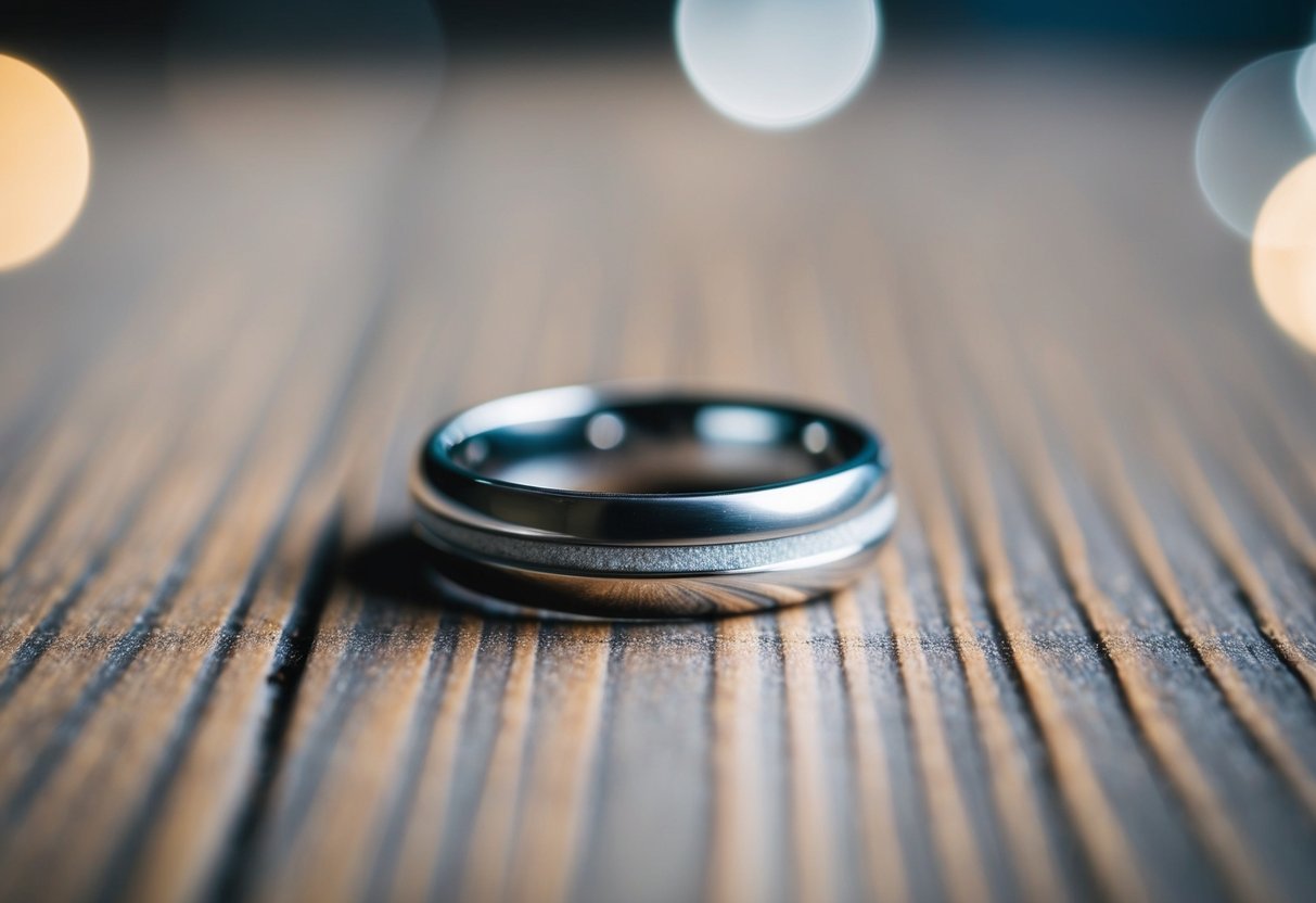 A wedding ring made of low-quality metal, with visible scratches and dull finish, looks cheap
