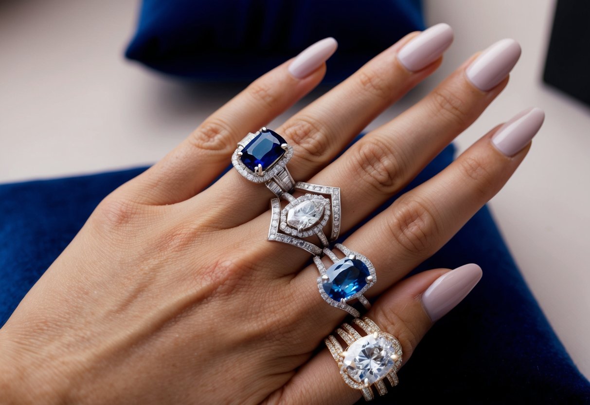 A hand holding a selection of rings, with various styles and gemstones, displayed on a velvet cushion