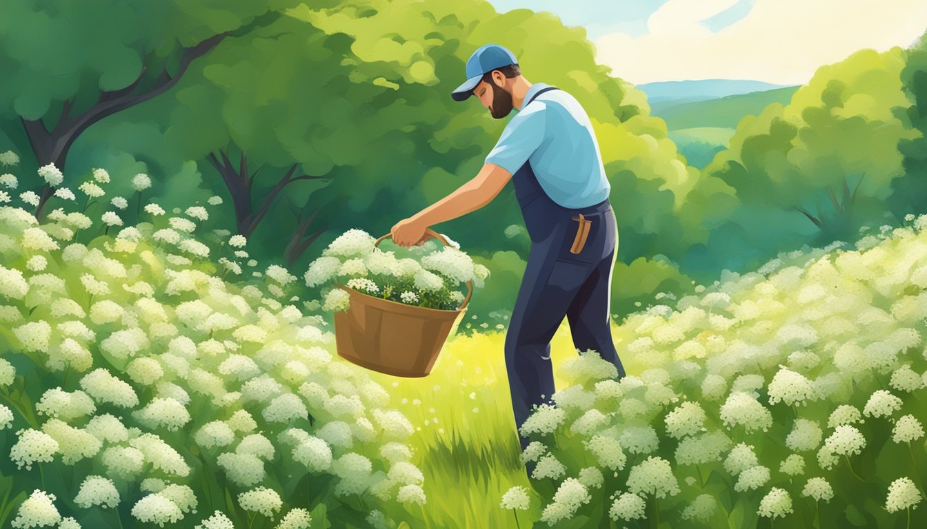 A person harvesting elderflowers in a sunny field, surrounded by lush greenery and vibrant wildflowers