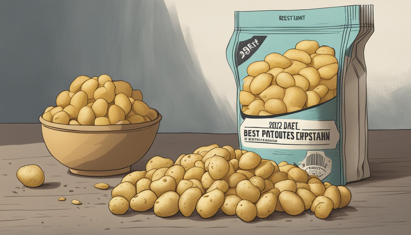 A pile of expired instant potatoes sits next to a "best by" date