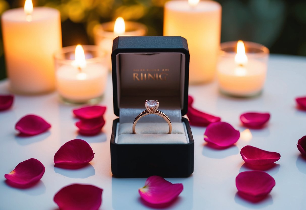 A ring box open on a table, a single ring inside, surrounded by soft candlelight and rose petals