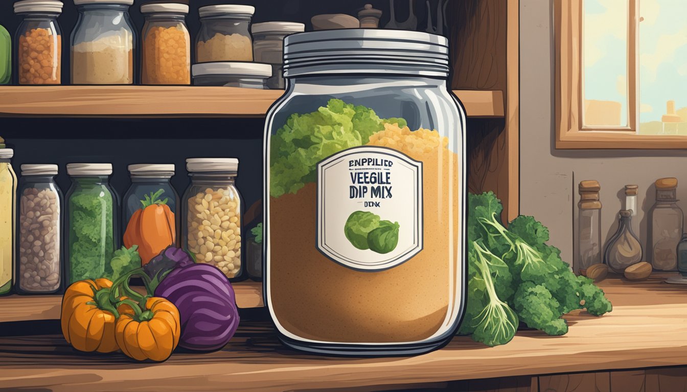 A jar of expired vegetable dip mix sits on a dusty shelf in a dimly lit pantry, surrounded by other neglected food items