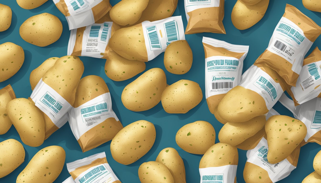 A pile of expired instant potatoes spilling out of a torn package, with a faded expiration date visible on the label