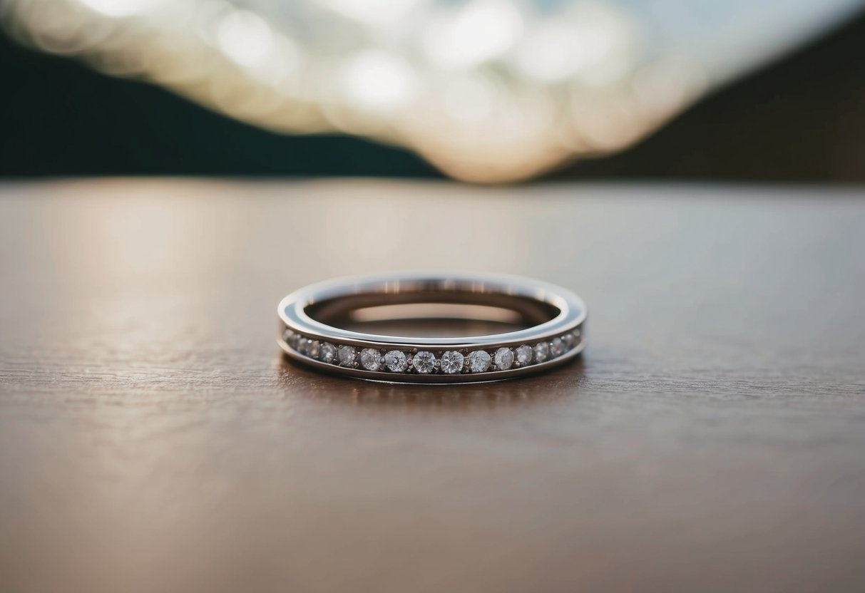 A wedding ring with a thin band, lack of intricate details, and a dull, cloudy stone