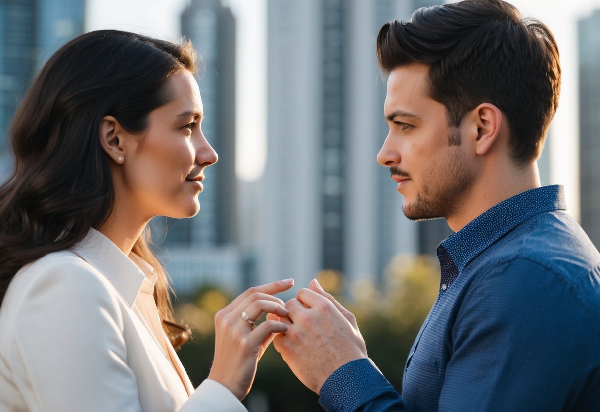 A couple standing together, facing each other, with one person holding out a ring towards the other. They appear to be in deep conversation, contemplating the next steps in their relationship