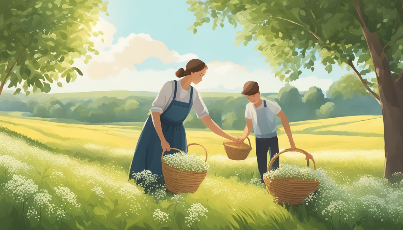 A person picking elderflowers in a sunny field with a basket of harvested flowers nearby