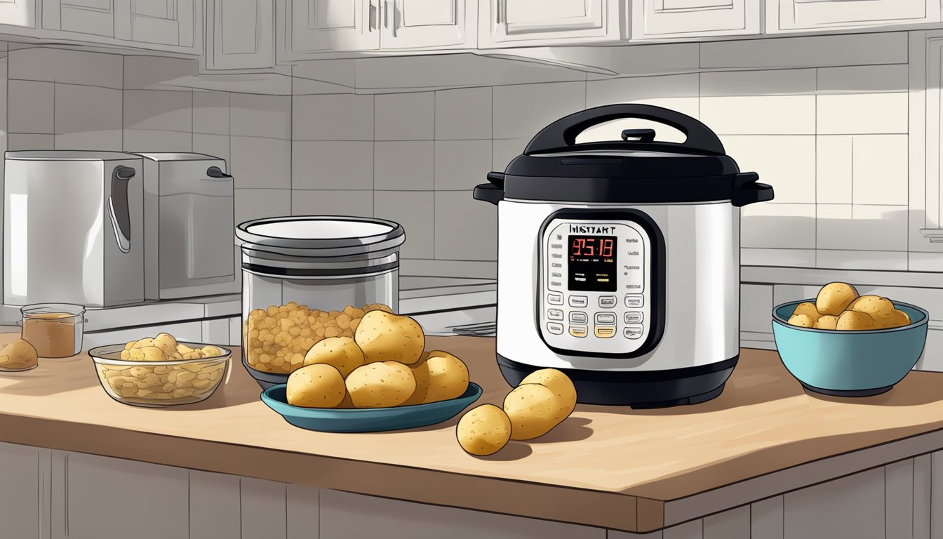 A pantry shelf with expired instant potatoes next to a steaming Instant Pot on a kitchen counter