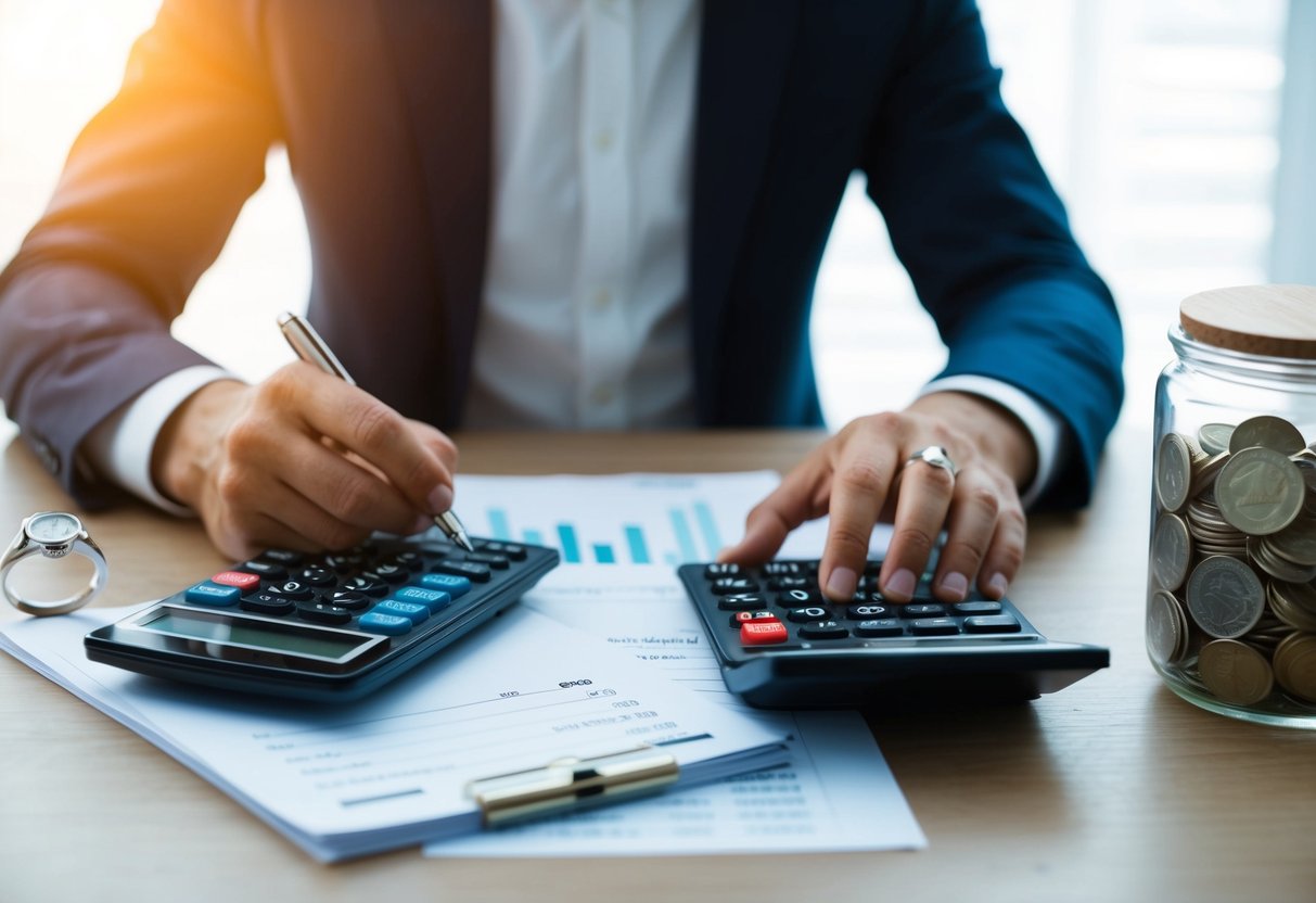 A man calculating finances at a desk with a calculator, pen, and paper. A ring and a savings jar are visible