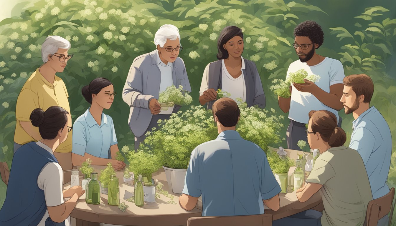 A group of diverse individuals gather around a table, examining elderflower plants and discussing its safety for consumption