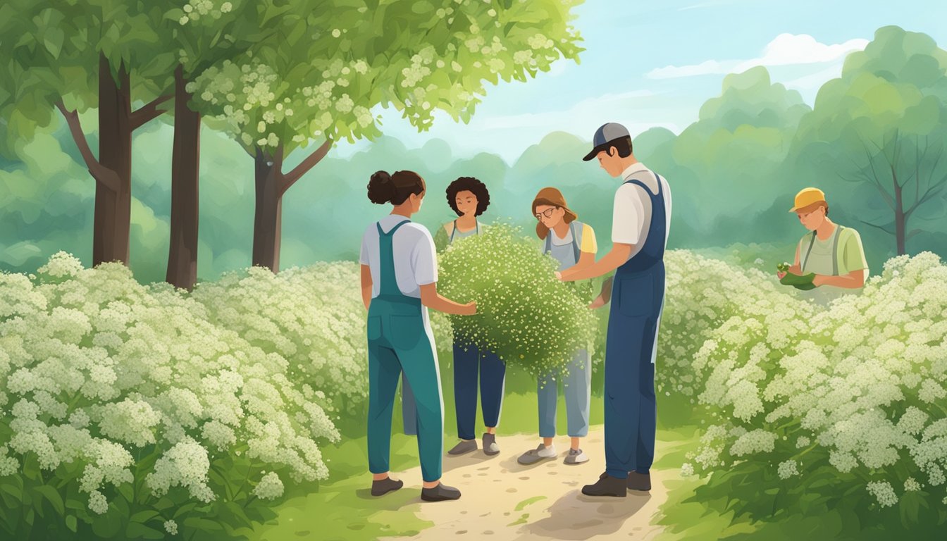 A group of people picking elderflowers and inspecting them for safety before preparing them for consumption