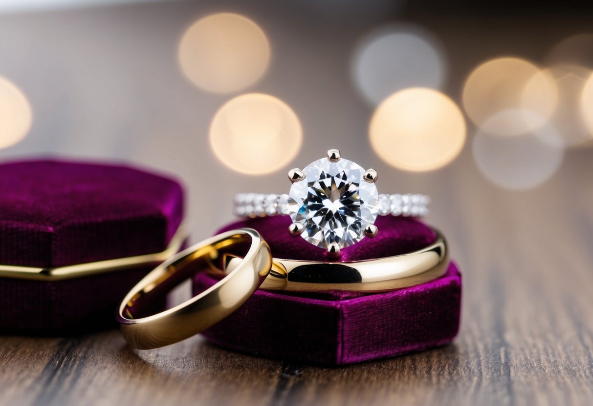 A diamond engagement ring rests on a velvet ring box, next to a gold wedding band