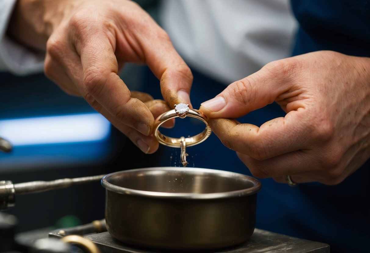 An old wedding ring being melted down and reshaped into a new one by a jeweler's hands