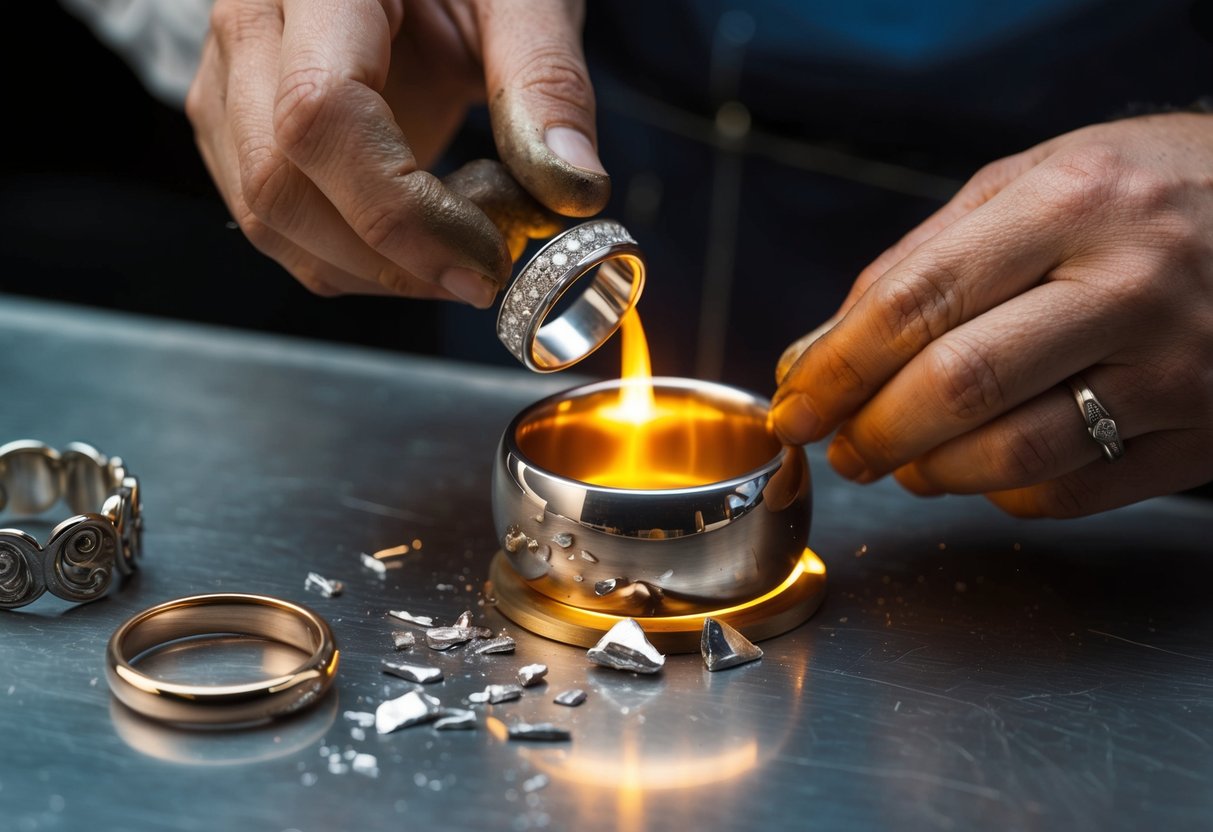 A jeweler carefully melts down an old wedding ring, shaping the molten metal into a new, gleaming band. Shards of the original design lie nearby