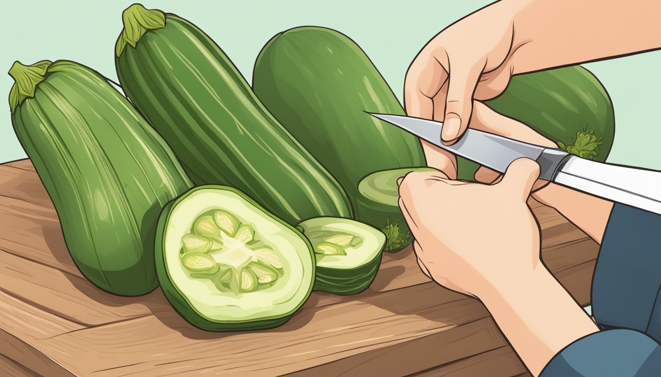 A person cutting into an unripe zucchini, examining the firm, pale flesh inside for signs of edibility