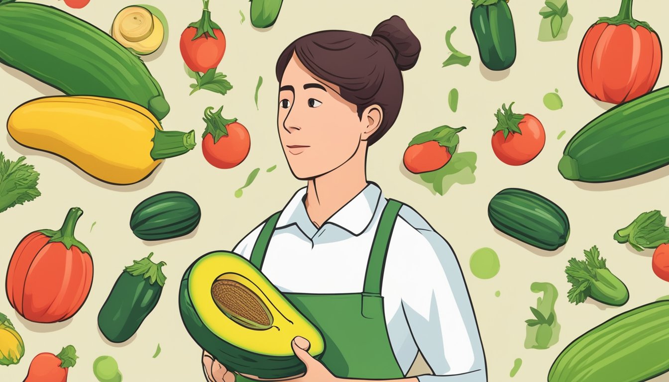 A person holding an unripe zucchini with a question mark above their head, surrounded by images of stomach discomfort and a red "X" over the zucchini