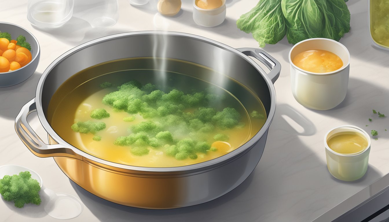 A pot of expired vegetable broth with mold floating on the surface, sitting on a kitchen counter