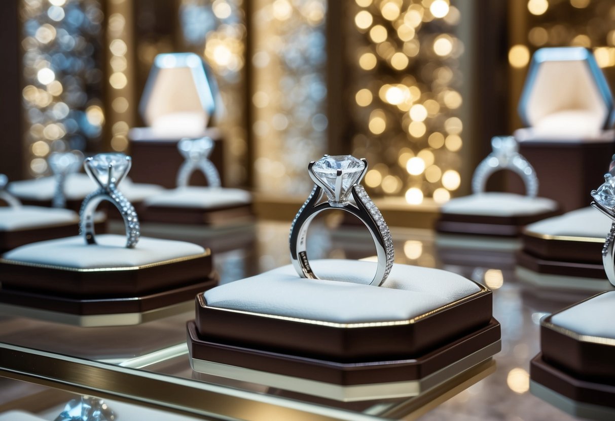 A sparkling diamond ring displayed in a luxurious jewelry store window, surrounded by other dazzling and expensive engagement rings