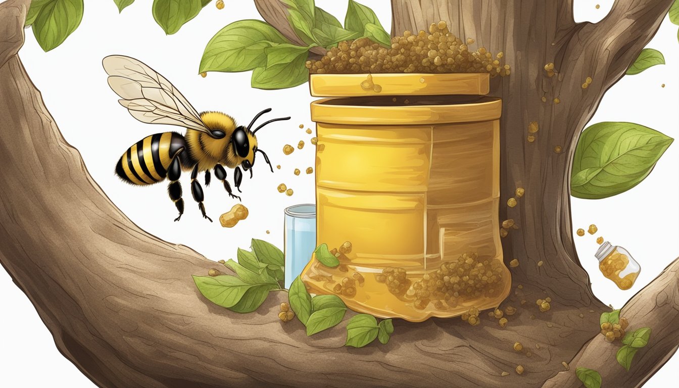 A bee collecting resin from a tree to make propolis, with a close-up of the sticky substance being used to seal the hive