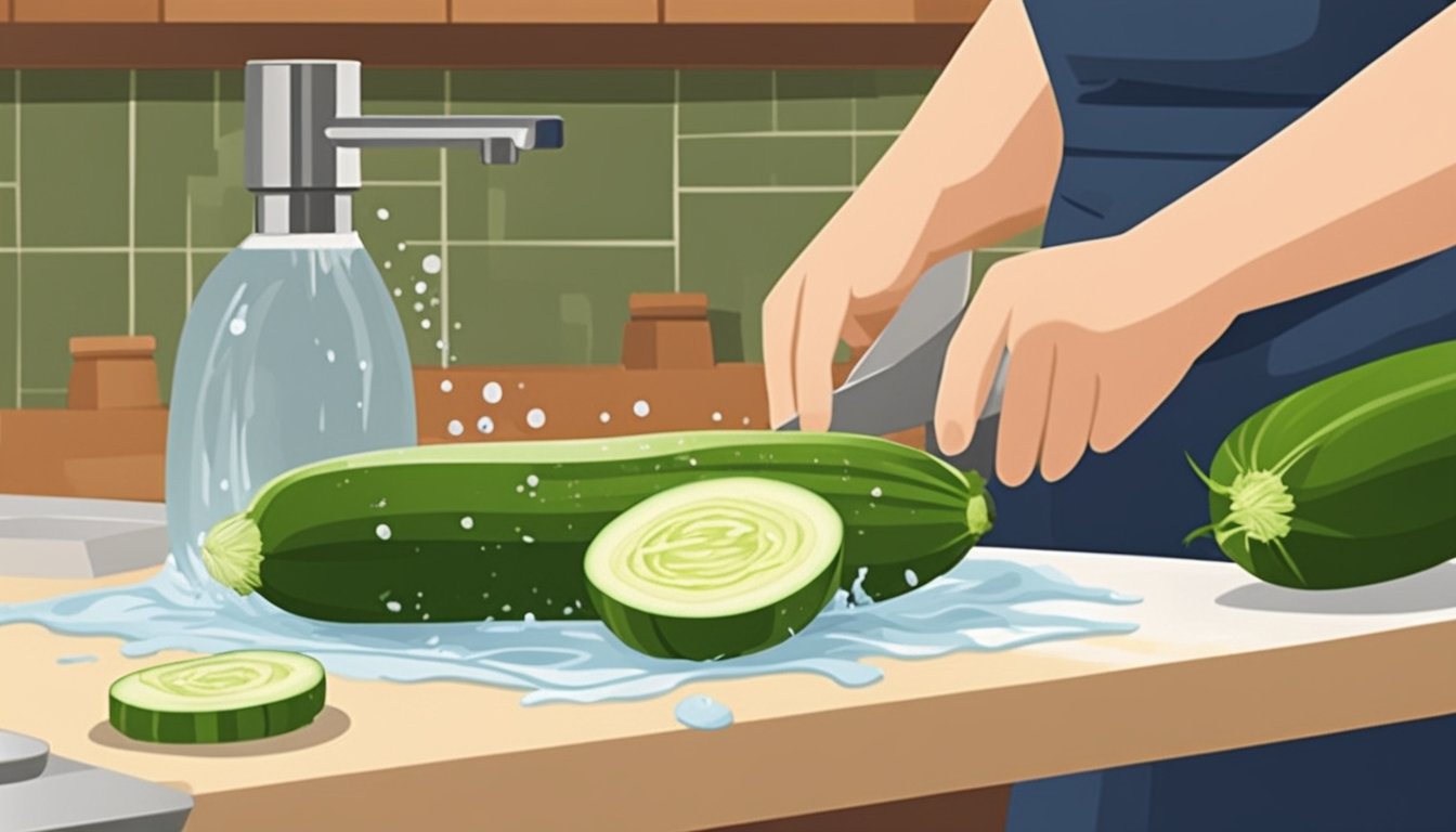 A person washing and slicing zucchini, with a cutting board, knife, and running water